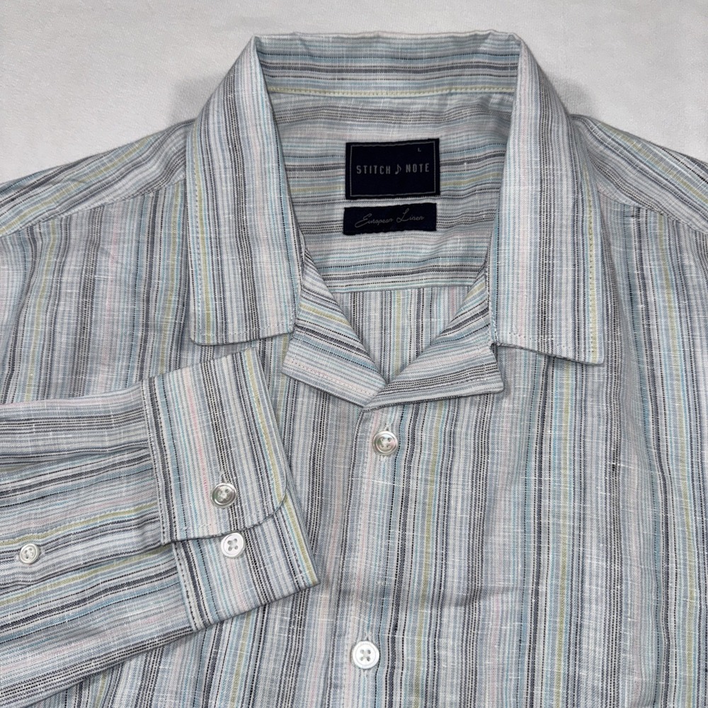 Stitch Note‎ Shirt 100% European Linen Mens L Striped L/S Button Up Y2K Vibe